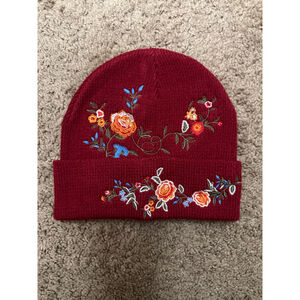 Women's Unbranded Burgundy Floral Embroidered Beanie One Size